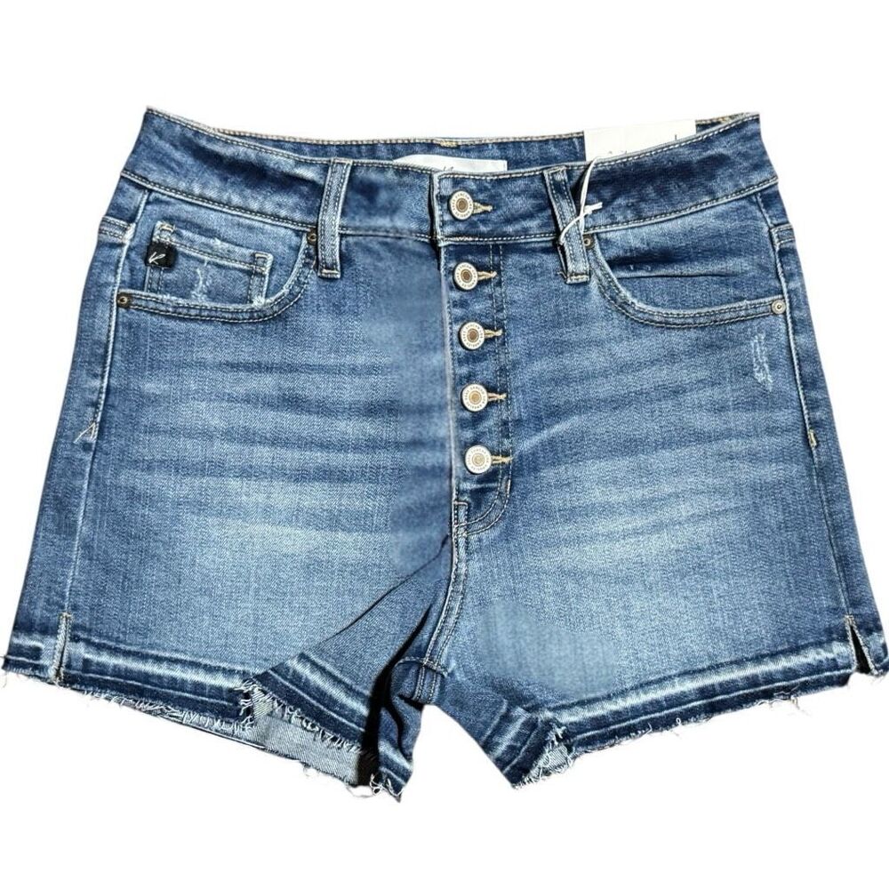 KanCan High Rise Button Fly Denim Shorts Raw Frayed Hem Medium Wash NWT - Picture 9 of 11
